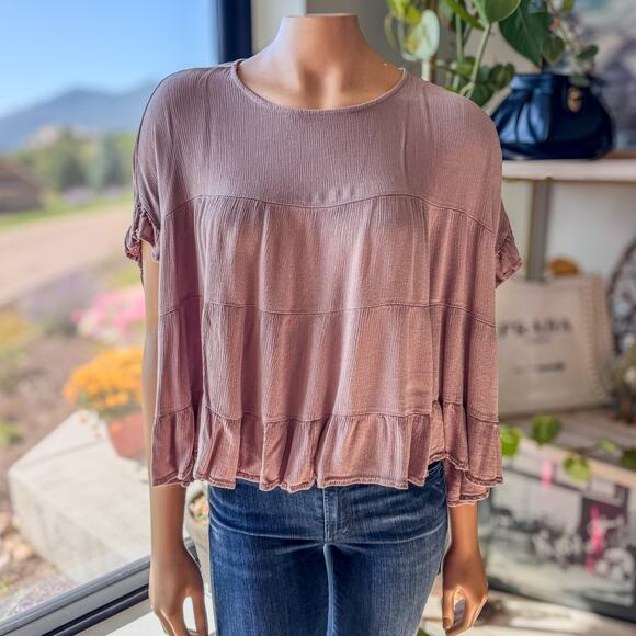 Altar'd State Tiered Baby Doll Cropped Blouse Dusty Rose Pink-Women's Medium - Picture 1 of 9